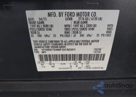 2015 Ford Explorer Xlt z USA, uszkodzony, nr VIN 1FM5K7D88FGC60201